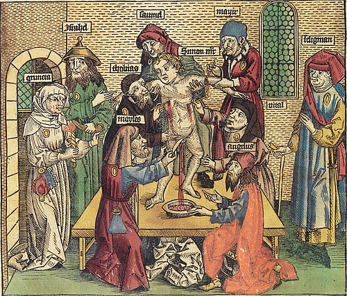 Martyrium des Simon von Trent, Darstellung aus der Nürnberger Weltchronik von Hartmann Schedel 1493